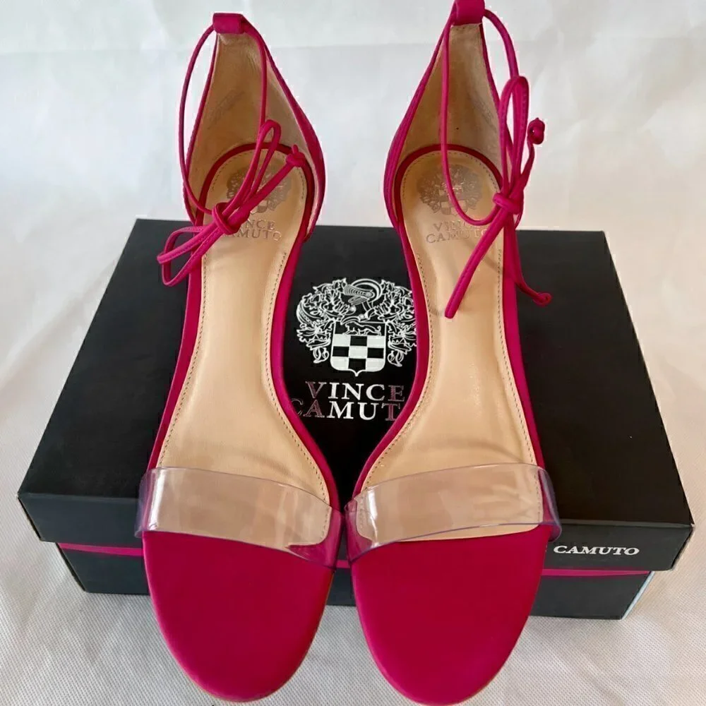 Vince Camuto Presinda Heels Ankle Strap Sandals Womens 7 M Pink Nubuck Tie NWB